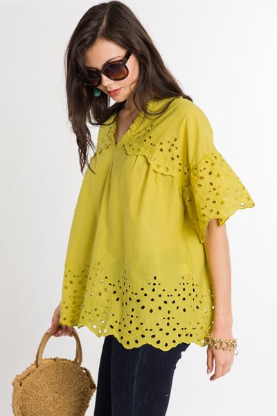 Lime Twist Lace Top :: NEW ARRIVALS :: The Blue Door Boutique Chic Cotton Blouse With Cutwork Hem, Spring Daywear Blouse With Cutwork Hem, Casual V-neck Eyelet Blouse, Summer Pointelle Knit Tops For Daywear, Spring Casual Blouse With Cutwork Hem, Cotton Blouse With Cutwork Hem For Daywear, Cotton Pointelle Knit Top With Relaxed Fit, Casual Summer Blouse With Cutwork Hem, Spring Short Sleeve Blouse With Cutwork Hem