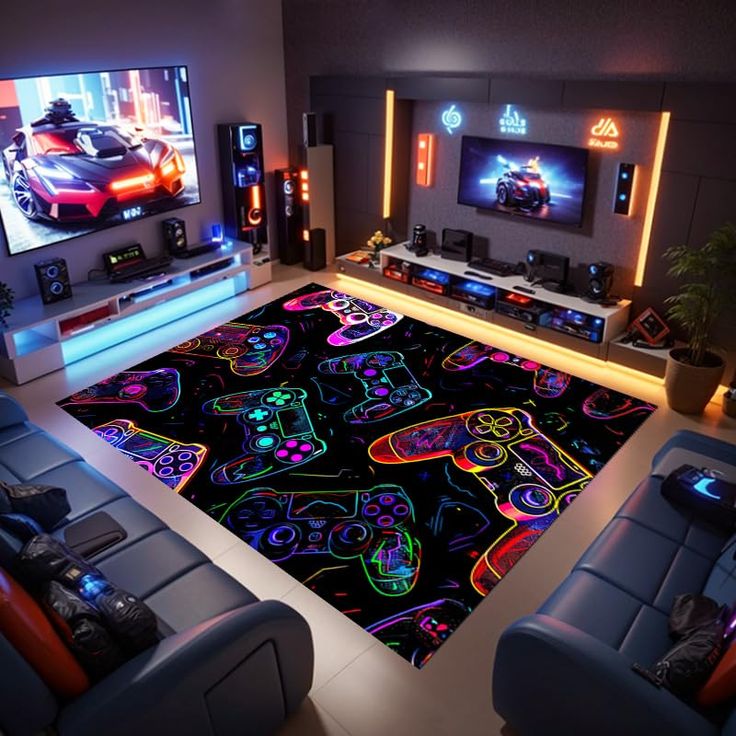 a living room with two couches and a rug that has neon lights on it