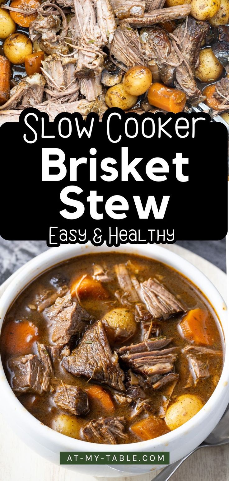 slow cooker brisket stew in a bowl with potatoes and carrots on the side