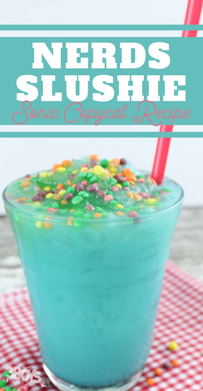 a blue drink with sprinkles in it and the words nerds slushie