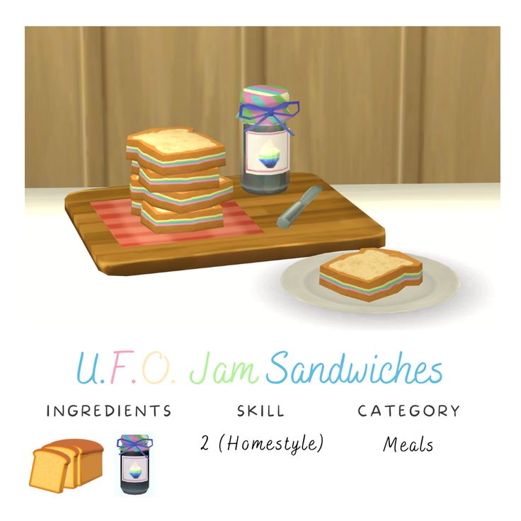 an image of a sandwich and jam on a wooden tray with the words u f o jam sandwiches