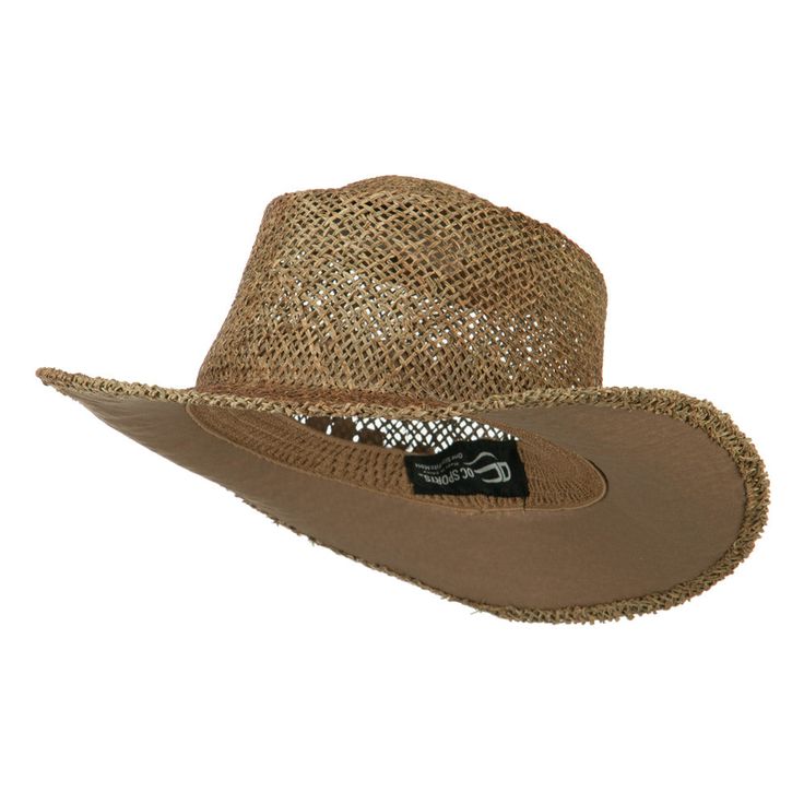 Sea Grass Straw Gambler Hat Woven Fedora Straw Hat One Size, Casual Straw Hat With Open Weave, Brown Casual Straw Hat For Rodeo, Country Style Brown Straw Panama Hat, Casual Brown Straw Hat, Brown Straw Hat Bands For Beach, Adjustable Jute Fedora Sun Hat, Fitted Brimmed Hat For Beach Season, Lightweight Brimmed Brown Straw Hat