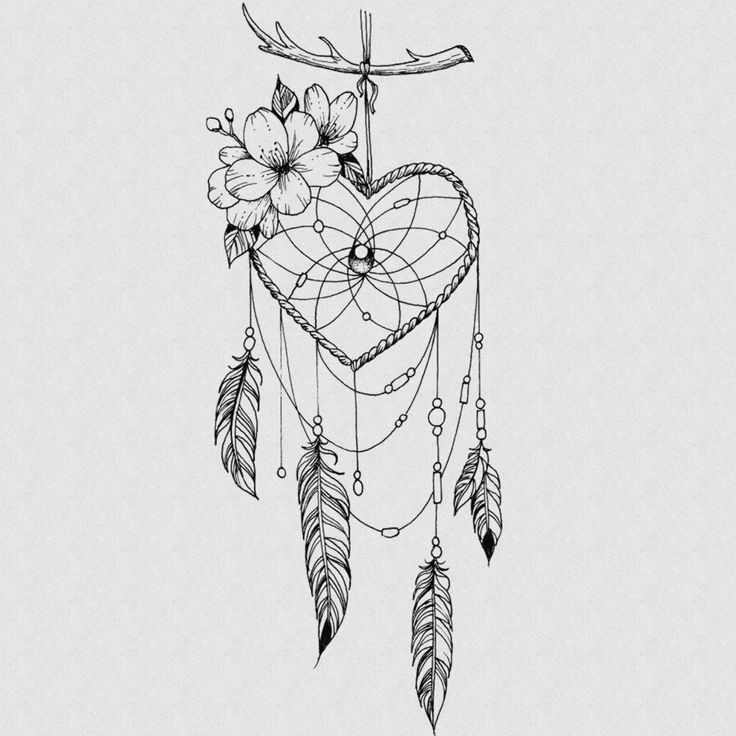 a black and white drawing of a heart with feathers, flowers and an arrow on it