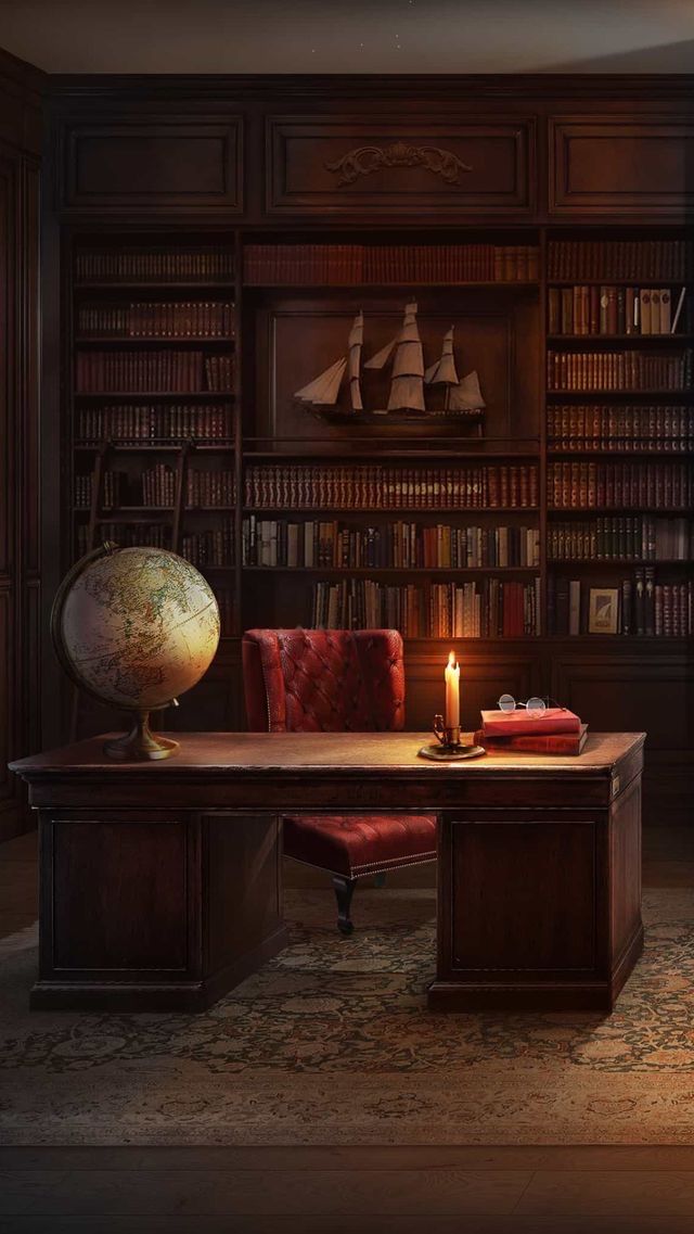 a desk with a globe on it in front of a bookcase filled with books