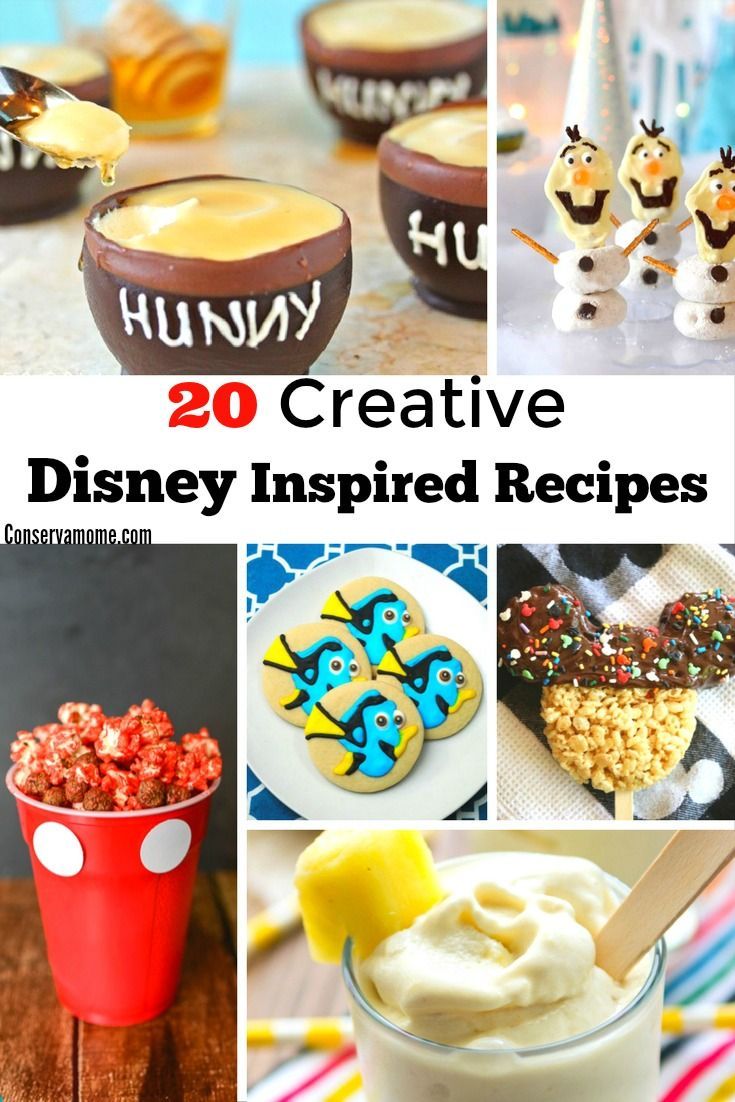 some disney inspired desserts are shown in this collage with the words, 20 creative disney inspired recipes