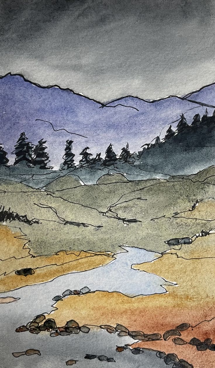 a watercolor and ink painting of a landscape with mountains, trees and a lake