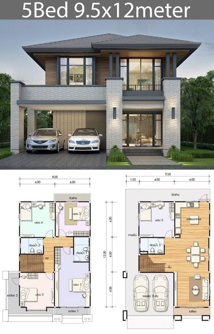 two story house plan with three cars parked in the driveway and one bedroom on the second floor