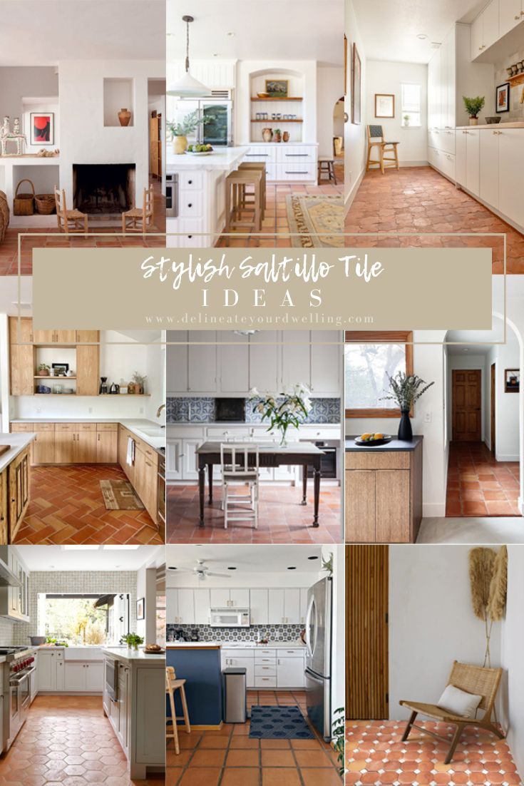 a collage of different kitchen and dining rooms with tile flooring in various styles