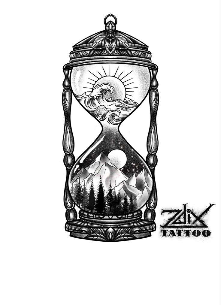 an hourglass with mountains and trees in it is drawn by hand on a white background