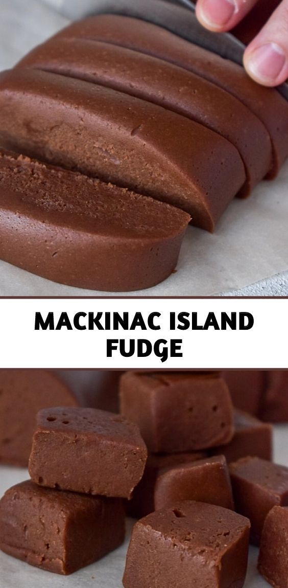 chocolate fudge is being cut into pieces with the words mackinac island fudge above it