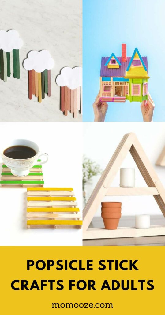 popsicle stick crafts for adults with pictures of houses, clouds and coffee mugs