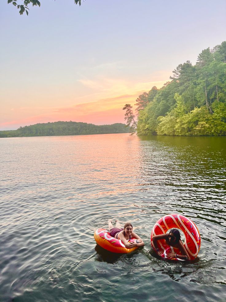 Sunset lake in mountains Lake Bachelorette Aesthetic, Lake Love, Float Aesthetic, River Float Aesthetic, Floating Down The River, Lake Floating, Lake Vibes Aesthetic, River Tubing Aesthetic, Floating River