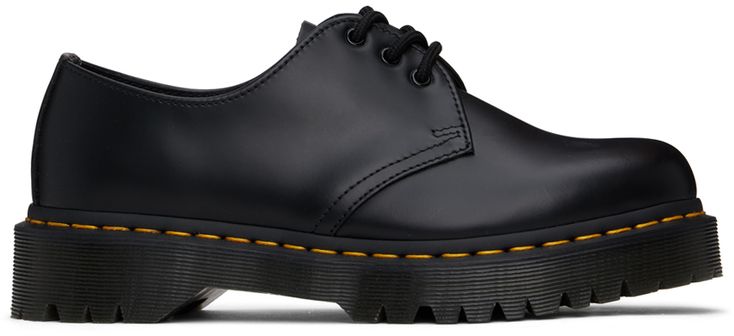 Polished leather derbys in black. · Lace-up closure · Buffed leather lining · Yellow topstitching at heat-sealed Goodyear welt · Treaded Air Cushion rubber sole Supplier color: Black smooth Black Derby Shoes With Stitched Sole For Work, Dr Martens Black, Goodyear Welt, Dr. Martens, Black Lace, Derby, Apparel Accessories, Lace Up, Outfit Accessories