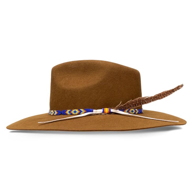 Charlie 1 Horse CWGYPS-403611 Gypsy Acorn Wool Hat Imbued with a wanderer’s soul and made for the open road, the Gypsy in Acorn is a delightful wool hat with a 3 3/4" pinch-front crown and a 3 3/4" floppy downturned brim. The beaded hatband features a classic Native-American-inspired pattern in blues, reds, and golds, with a lone feather tucked in for good measure. An off-center Charlie 1 Horse brand logo on the crown signals the hat’s point of origin. Part of our Wanted Collection, the Gypsy wa Rustic Felt Hat With Short Brim For Fall, Rustic Adjustable Hats For Fall, Rustic Short Brim Felt Hat For Fall, Rustic Brimmed Felt Hat For Fall, Rustic Outdoor Hats For Fall, Rustic Hat For Fall Country Events, Artisan Fedora With Short Brim For Fall, Rustic Fedora With Flat Brim For Fall, Rustic Winter Fedora With Curved Brim