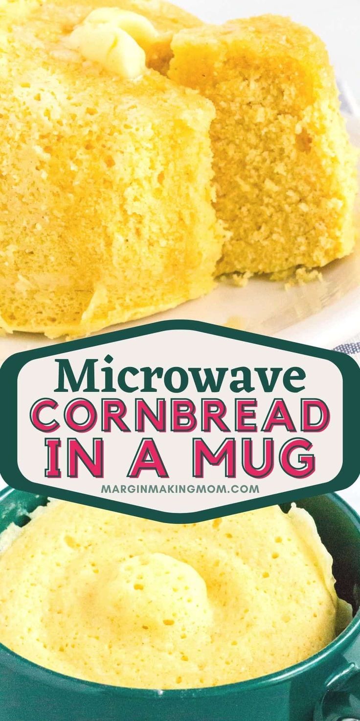 microwave cornbread in a mug recipe on a white plate with a green container and the title microwave cornbread in a mug