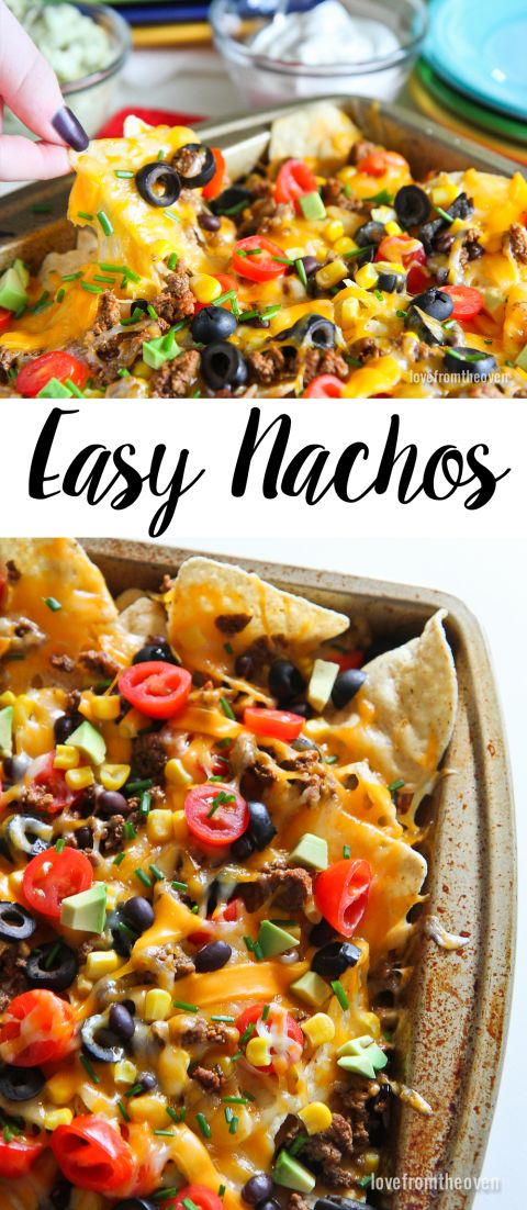 an easy nachos recipe with cheese, black olives and peppers in it