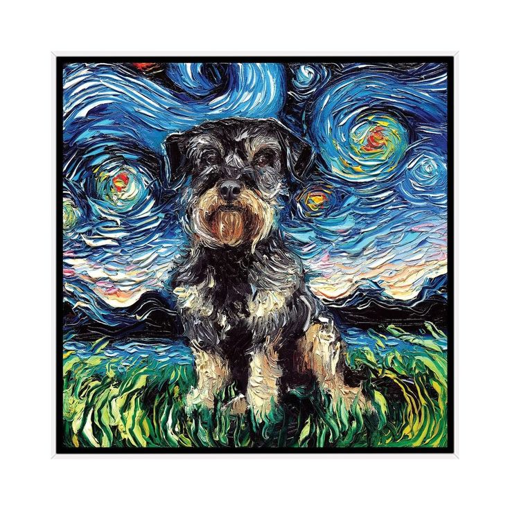 a painting of a dog sitting in front of a starry night sky with stars