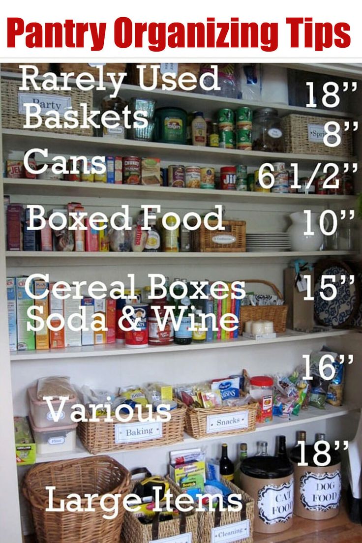 the pantry organization tips are organized with labels and baskets on shelves, labeled in white