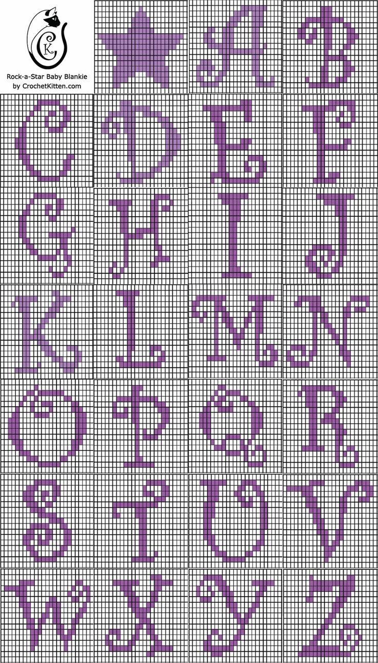 cross stitch alphabets with letters and numbers in purple on white background, including the letter's lowercasees