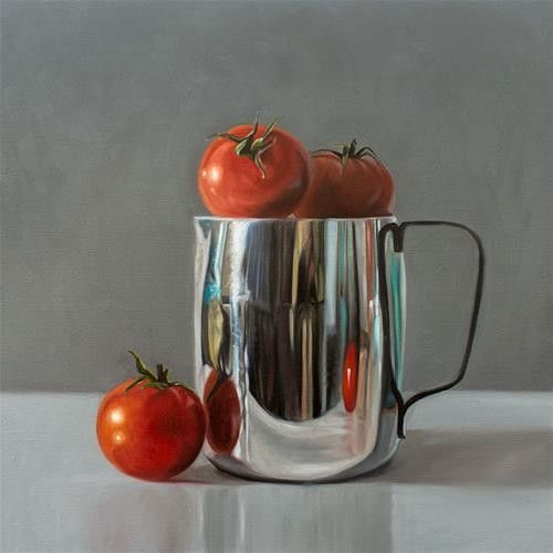 a painting of tomatoes in a metal cup