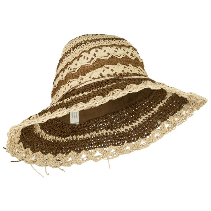 Toyo Braid Zig Zag Striped HatMade of 100% paper straw.ONE SIZE fits most ladies, fitting up to 7 1/4.Fitted with an inner hatband.Adult/Women.Crown measures 3.5 inches deep.Brim measures 3.5 inches wide.Hand wash only.Imported. Paper straw designed sun hat for ladies.Round top crown.Toyo braid hat.Stripe and zig zag design.Self tie accented with 2 flowers is featured around the crown.Edge of brim is scallop designed.Brim is slightly downturned.Easily packable.Our straw sun hat is perfect for pi Bohemian Hat With Crochet Trim, Wide Brim Open Weave Hat In Toquilla Straw, Summer Hats With Crochet Trim, Brimmed Straw Crochet Hat, Vacation Sun Hat With Crochet Trim And Curved Brim, Vacation Hats With Crochet Trim And Curved Brim, Spring Beach Hat With Open Weave, Wide Brim Straw Sun Hat With Open Weave, Vacation Hat With Crochet Trim And Curved Brim