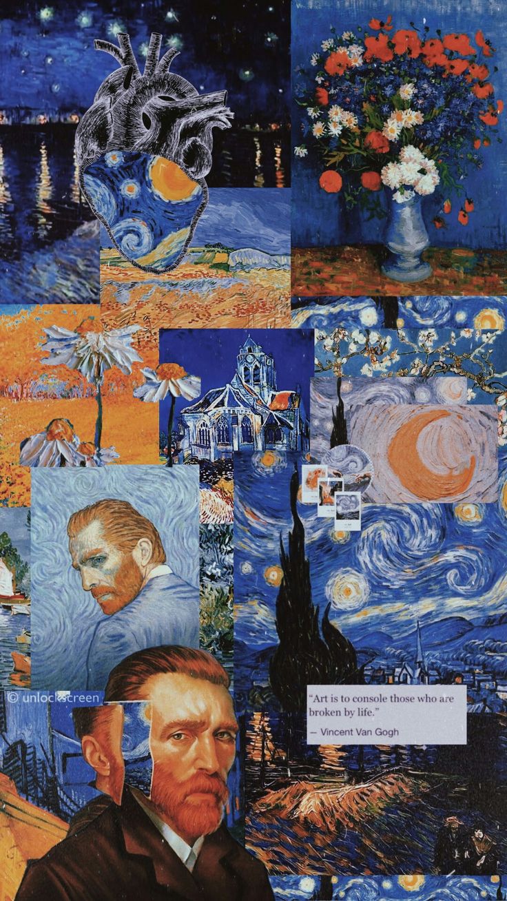 a collage of paintings and pictures with the theme of van gogh