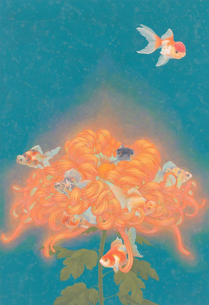 an image of a painting with goldfish in the air and on top of it