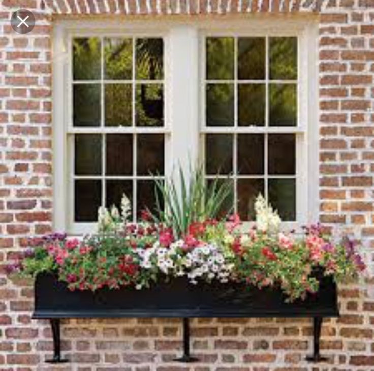 a window box filled with lots of flowers next to a brick wall and white windows