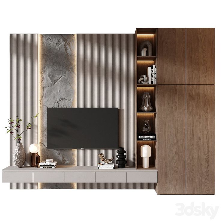 an entertainment center with built in shelving units and a flat screen tv mounted on the wall