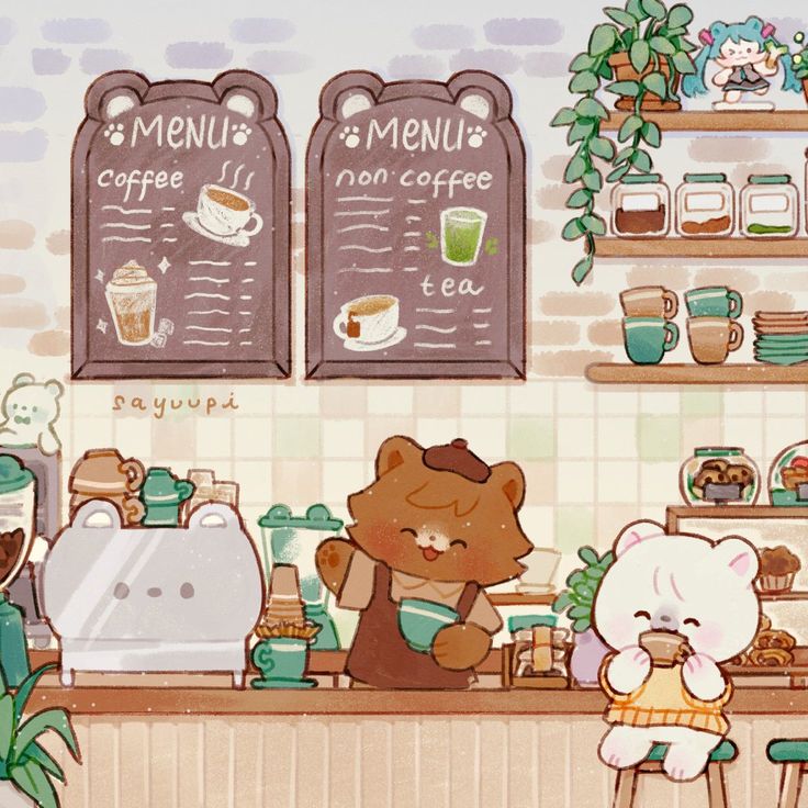 there is a bear that is sitting at the counter in front of some food items