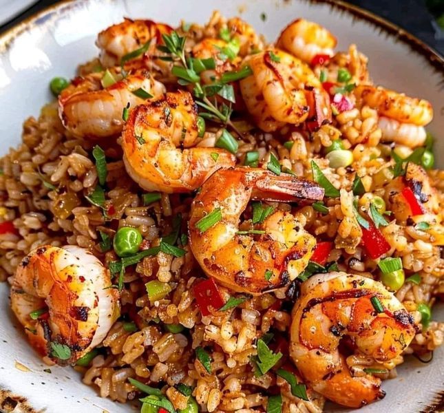 a white plate topped with rice covered in shrimp and veggies on top of it