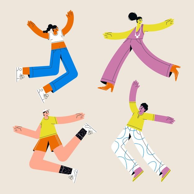 three people are jumping in the air with their arms spread out and hands extended, wearing colorful clothing