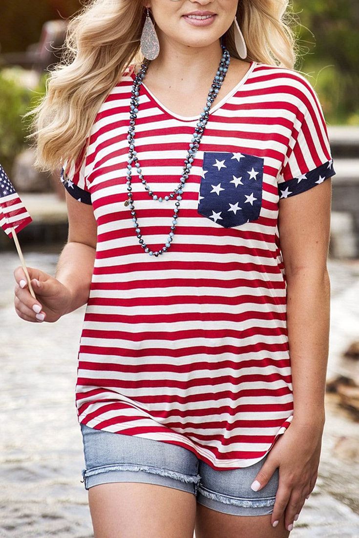 National Day Flag Print Tee Patriotic V-neck Summer Tops, Cotton V-neck Top With American Flag Print, Americana Style Flag Print T-shirt For Spring, Spring Americana T-shirt With Flag Print, Spring Americana T-shirt With American Flag Print, American Flag Print Short Sleeve Top For Spring, Americana Flag Print Tops For Spring, Patriotic American Flag Tops For Spring, Summer V-neck T-shirt With American Flag Print