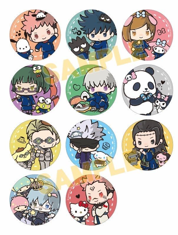 six anime character badges with different characters on them