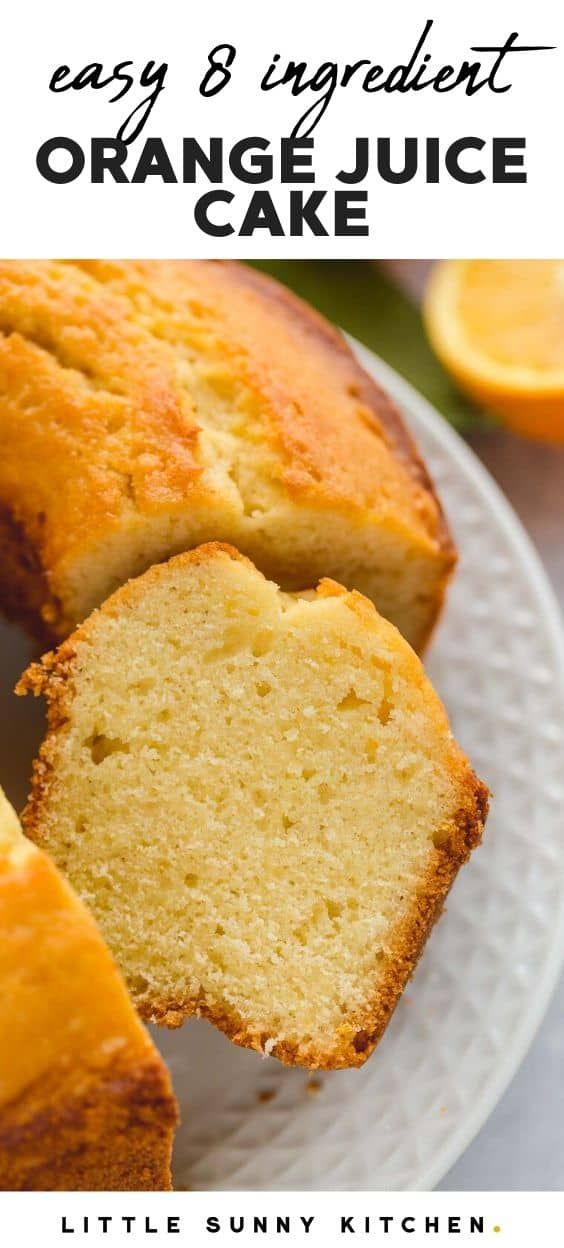 orange juice cake on a white plate with slices cut from it and title text overlay