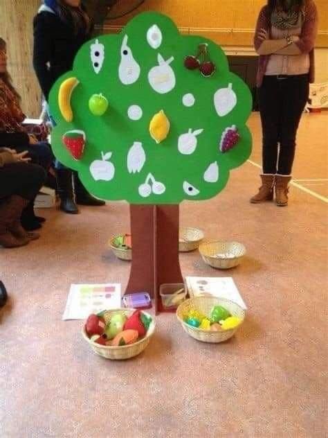 a group of people standing around a green tree with fruit in bowls on the floor