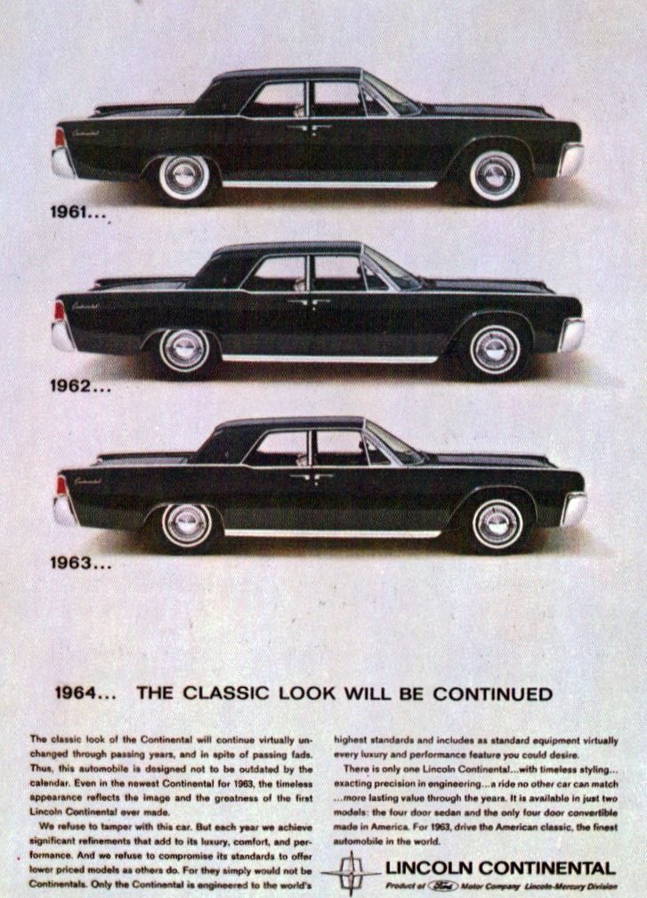 an advertisement for the lincoln continental car, with three different models in black and white