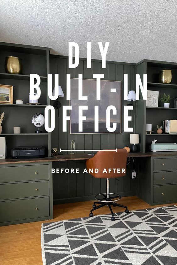 an office with built - in desks and green bookcases on the wall