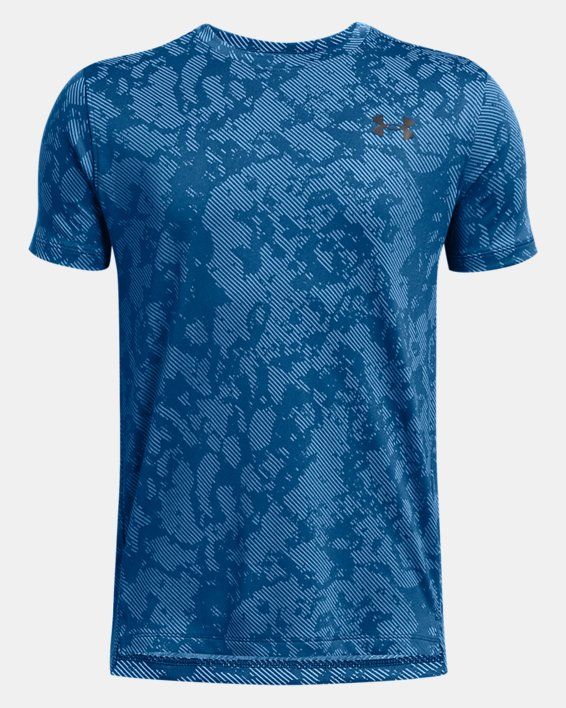 the under armour shirt in blue camo, designed to be worn by an individual