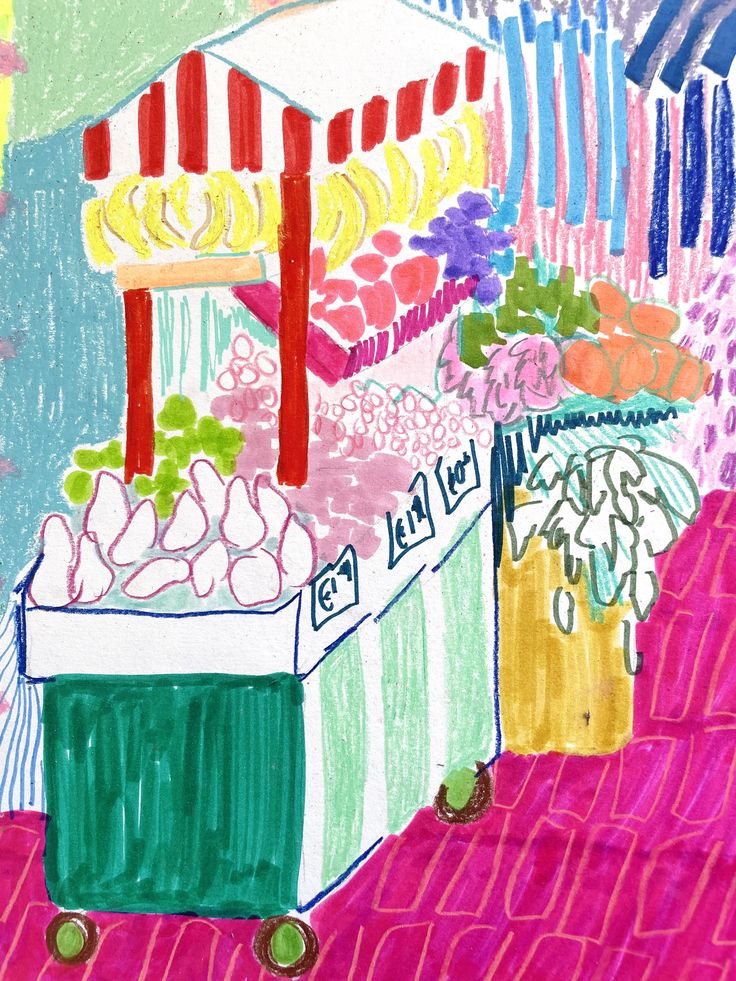 a drawing of a cart full of fruit and vegetables on a pink background with green wheels