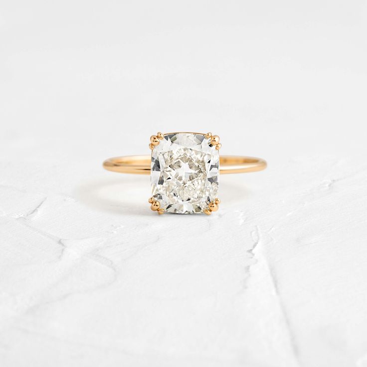 Product photo of 14k Yellow Gold 2.6ct. Cushion-cut Solitaire Diamond Threaded Engagement Ring featuring four triple-prongs|14k Yellow Gold Dainty Gold Band, Cushion Cut Solitaire, Moissanite Solitaire Ring, Basket Setting, Cushion Cut Moissanite, Inspiration Photos, Cushion Cut Ring, Rings Engagement, Cushion Cut Diamonds