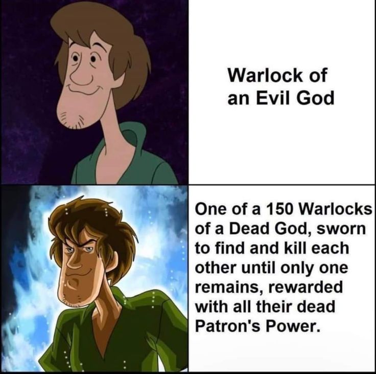 an image of two cartoon characters with caption that reads, warlock of an evil god one of a 150 warriors of a dead god, sworn to find and kill each other until only one remains