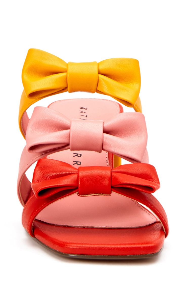 Dainty bows accent the straps of a block-heel sandal that adds contemporary character to any look. 2 1/2" heel Textile and synthetic upper/textile lining/synthetic sole Imported Footwear Ideas, Shoes World, Bow Sandals, Heel Sandal, Block Heels Sandal, Sandal Women, Katy Perry, Scarfs, Pink Orange