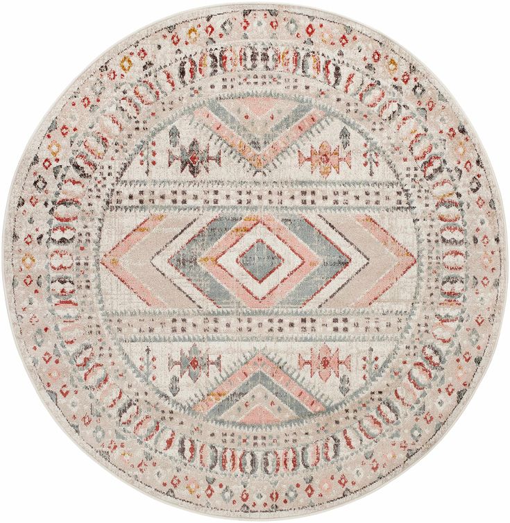 a round rug with an abstract design on the center and sides, in various colors