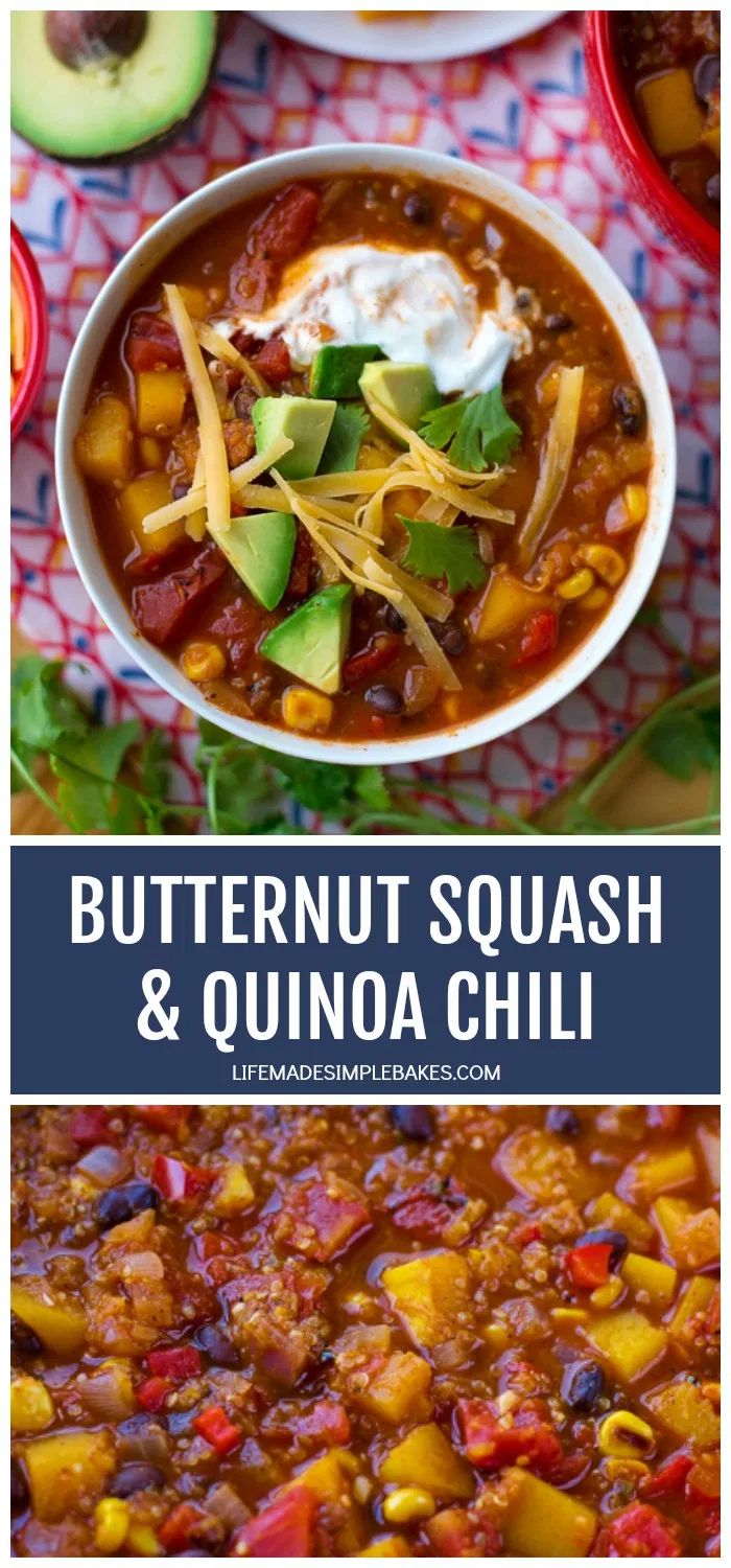 butternut squash and quinoa chili with avocado, cilantro, and sour cream