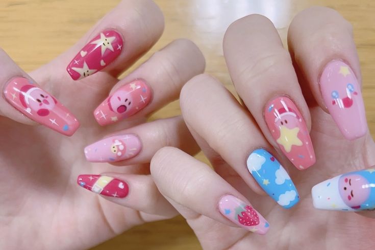 Kirby Nails Short, Rosalina Nails, Kirby Nails Acrylic, Inuyasha Nails, Kirby Nail Art, Steven Universe Nails, Gamer Nails, Kirby Nails, Pokemon Nails