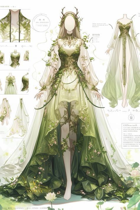 the dress is made up of green leaves and flowers, with long sleeves on it