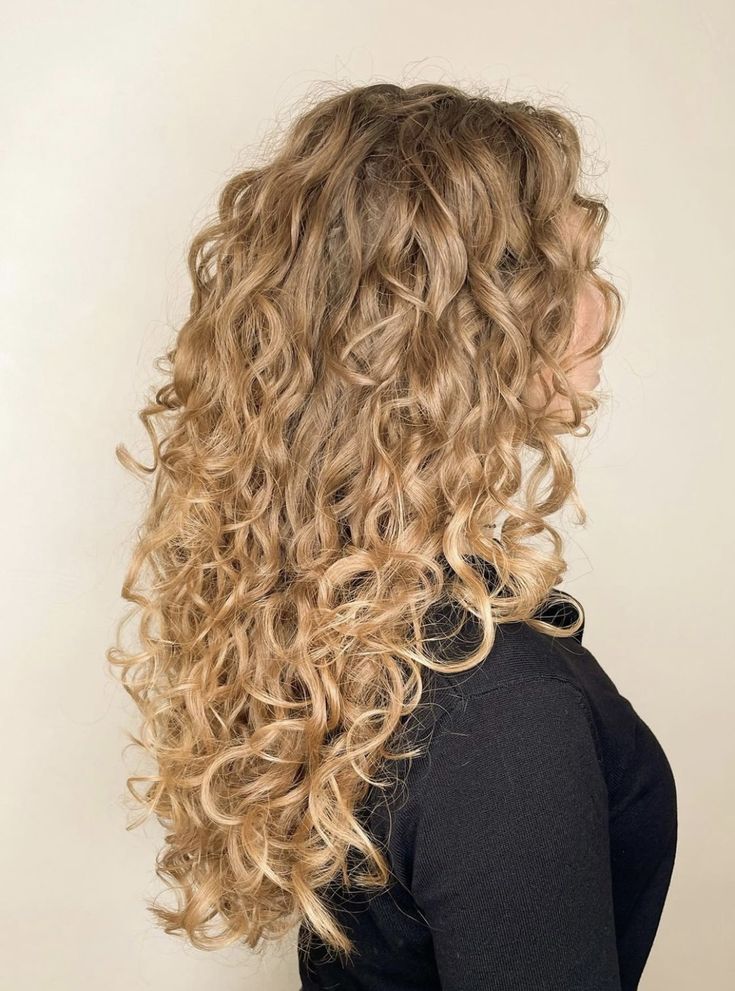 Curly Wavy Highlights, Highlight Lowlight Blonde Curly Hair, Blonde Partial Highlights Curly Hair, Warm Blonde Curly Hair, Golden Blonde Curly Hair, Spiral Perms For Medium Length Hair, Short Curly Blonde Hair, Long Curly Honey Blonde Hair, Blonde Curly Hair Natural