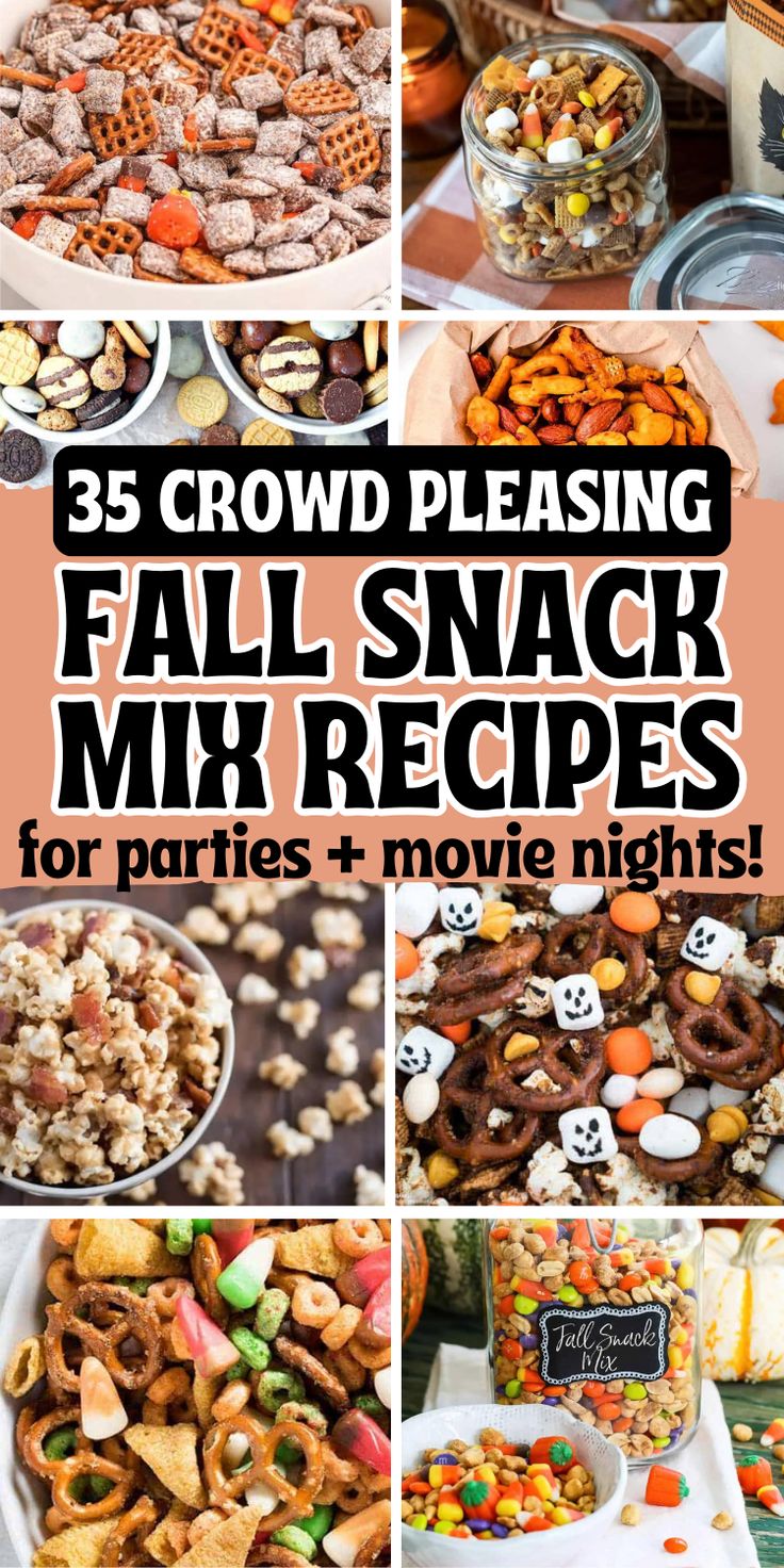 Easy fall snack mix recipes that make fun fall treats for parties, cheap movie night snacks and festive potluck ideas for a crowd. Autumn Snack Mix Candy Corn, Snack Mix For Tailgate, Fall Snack Mix Treat Bags, Fall Class Snacks For Kids, Treat Bag Ideas For Adults, Munchy Food Snacks, Sweet Trail Mix Ideas, Fall Salty Snacks, Halloween Popcorn Bar Ideas