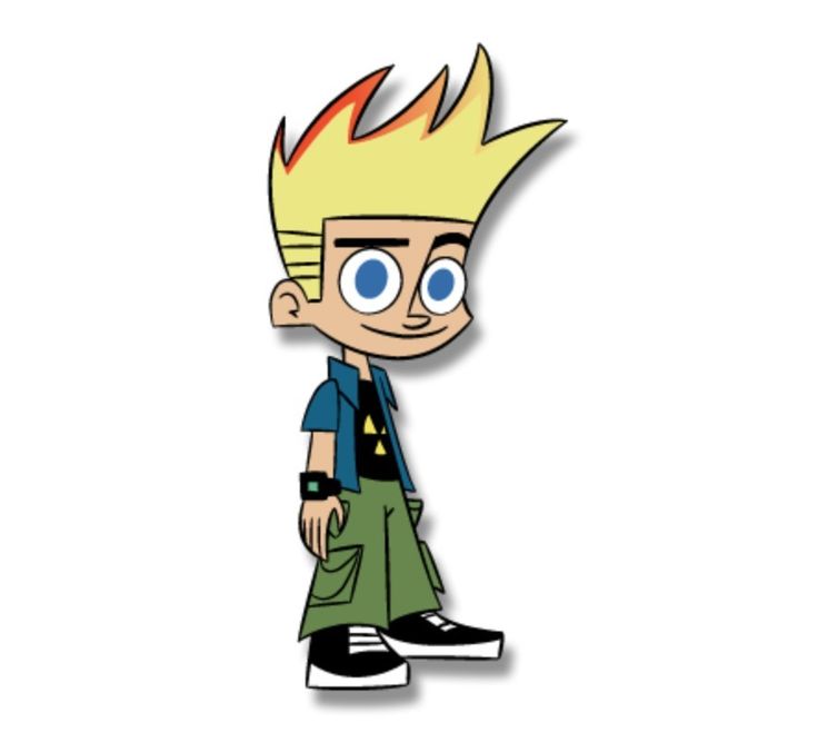 an image of a cartoon character with blue eyes and blonde hair, wearing green pants